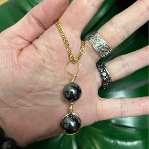 double hematite wire wrapped gold crystal pendant stainless steel necklace
